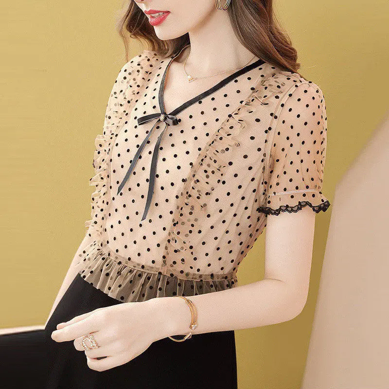 Корейское Сетчатое кружевное платье в горошек с бантом элегантное шикарное из 2