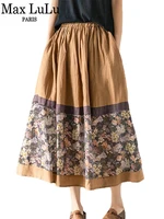 max lulu 2022 summer luxury chinese style clothing woman vintage linen skirts flower elastic high waist skirt fashion streetwear