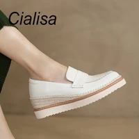 cialisa white genuine leather leisure wedges woman shoes pointed toe thick platform flats 2022 spring new casual female footwear