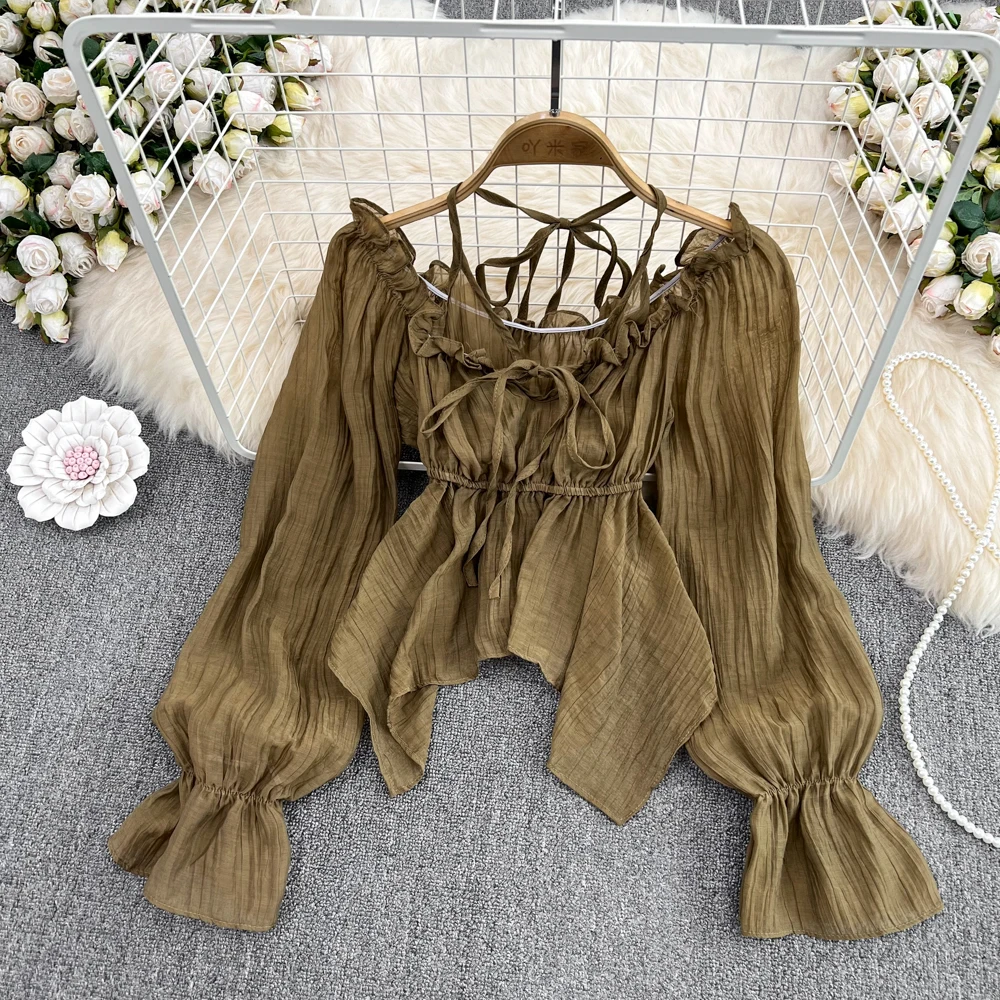 

Милая женская шифоновая блузка во французском стиле с воротником-лодочкой и открытыми плечами, осень 2022, женские топы с расклешенными рукавами