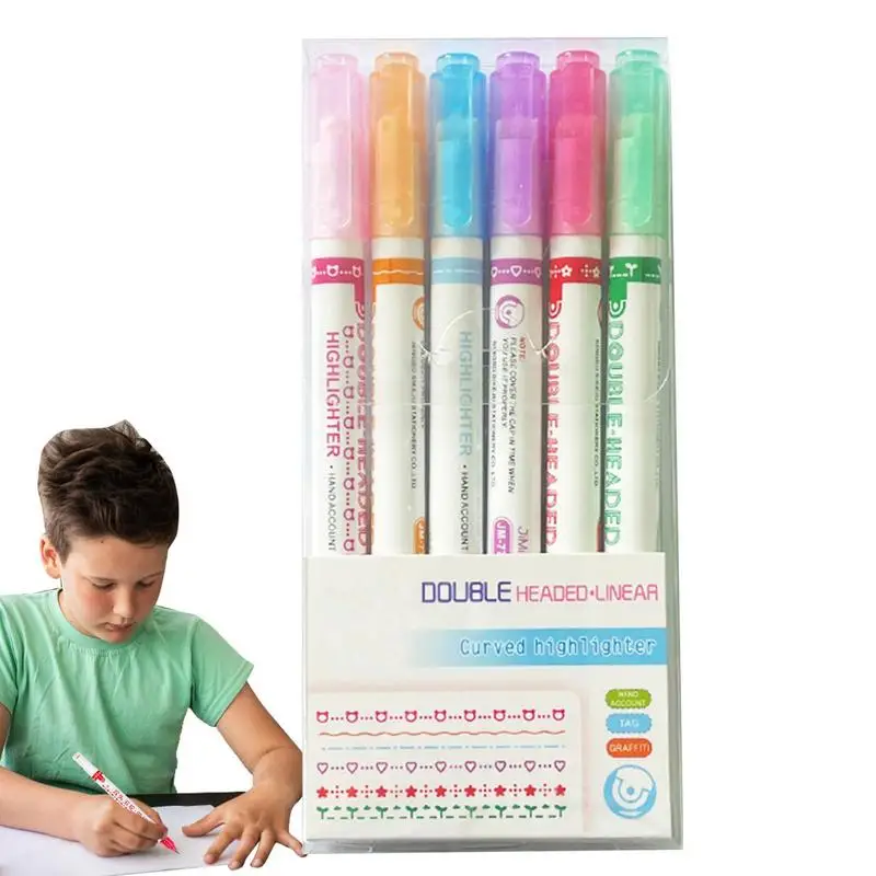 

Funny Double Tip Pattern Outline Hand Copy Marker Pen Multi-colored Pen Quick Dry Mark Notes Painting Highlighter 6pcs