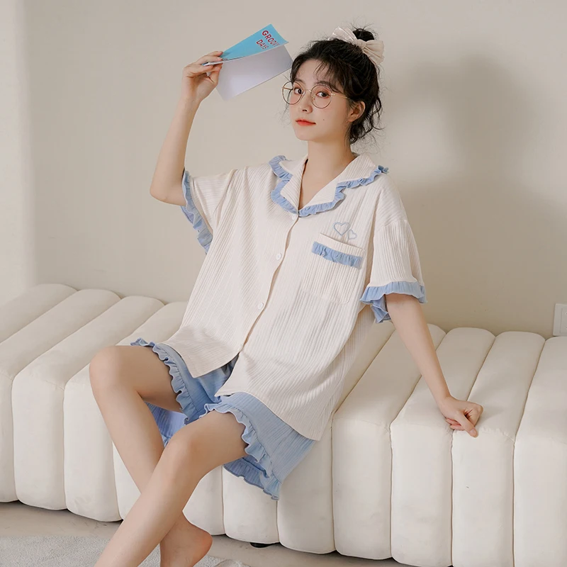 Pajamas Femme Satin Pajamas Set Women Sleepwear Women's Linen Set Woman 2 Pieces Sweet Cardigan Summer Loose Cute Short Sleeve