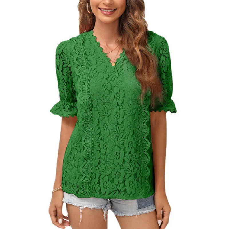 

Elegant Hollow Out Ladies Tops Mujer 2023 Fashion V Neck Lace Blouse Women Short Sleeve Vintage Ruffle Green Female Shirts 24624