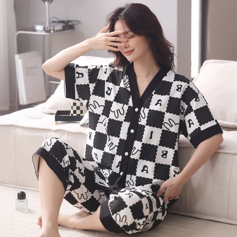 Pajamas women's spring and summer cotton short-sleeved new cardigan fashion two-piece home clothes can be wear out