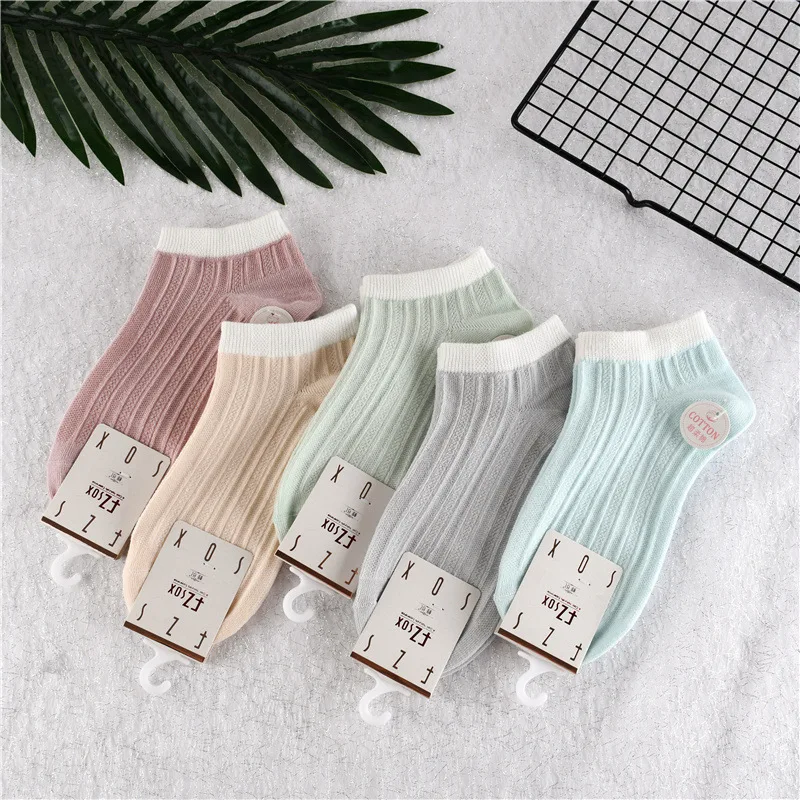 5pairs Women's Socks Summer Pure Color Cotton Breathable Stripes Ankle Socks Women's Double Needle Invisible Socks