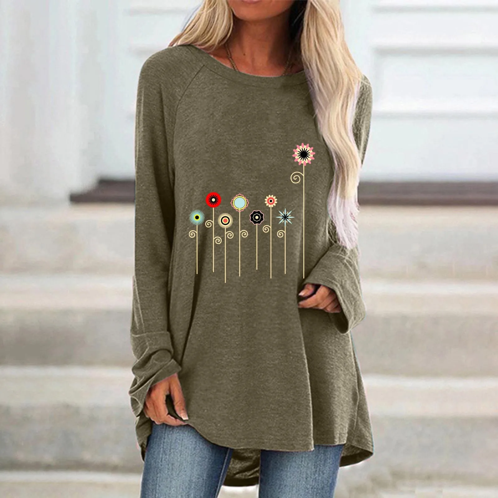 

Womens Casual Crew Neck Raglan Printing Long Sleeve Tshirts Blouse Top White Fit Shirt V Neck Blouse