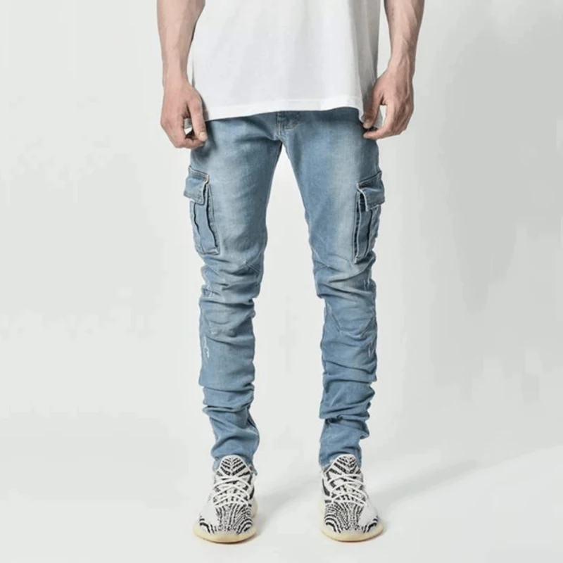 Jean Man Casual Cotton Denim Trousers Multi Pocket Cargo Jeans Men New Skinny Pants Side Pockets Overalls Men