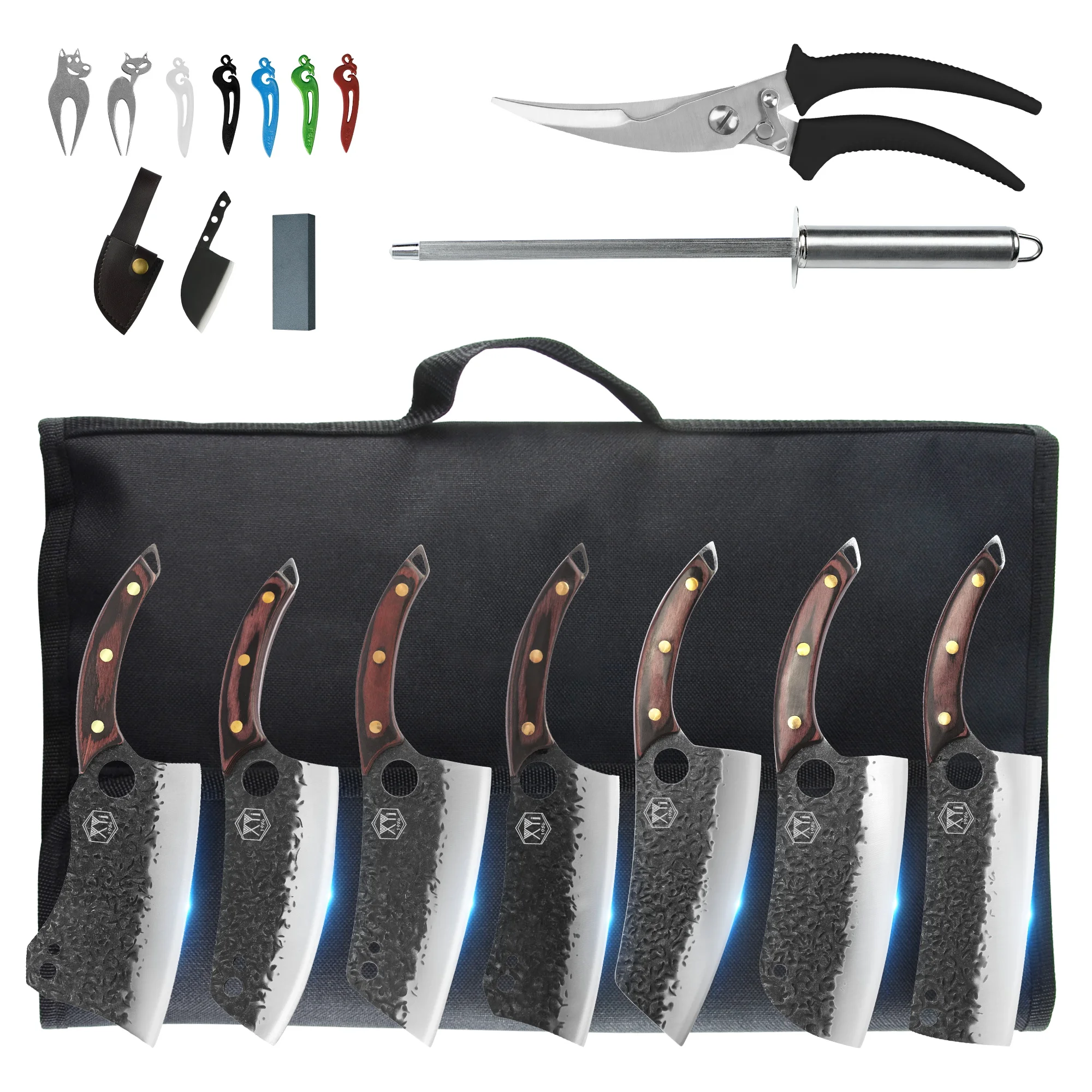 

Zemen нож из углеродистой стали набор с чехлом для ножей шеф-повара ножницы для домашней птицы полный Танг мясо мясница накири кухонный нож дл...