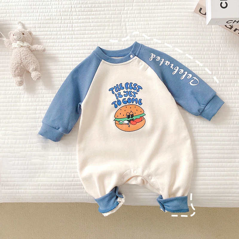 

Newborn Baby Jumpsuit 2022 Spring Autumn Print Letter Hamburger Long Sleeve Patchwork Romper Children Clothing 0-2 Years Old