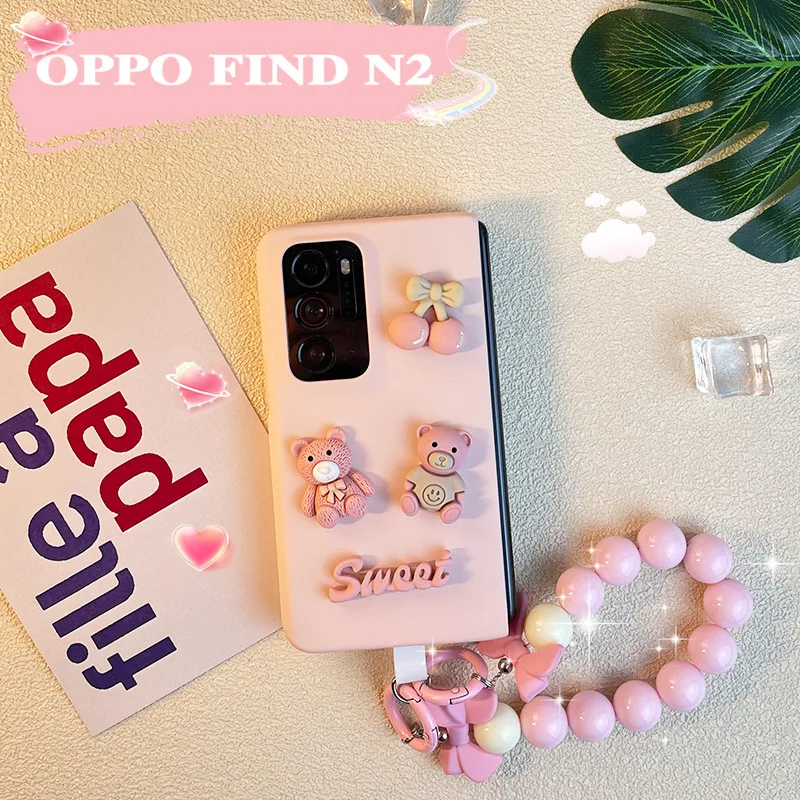 

Cute Cartoon Bear Sweet Cherry Phone Case For OPPO Find N2 Find N Pearl Chain Bracelet Protective Lanyard Cover Capa