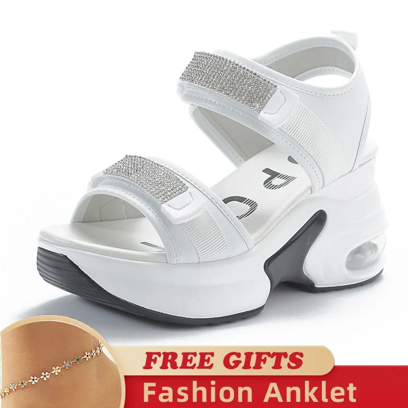 Rhinestone 8cm 2023 New Genuine Leather Sandals Women Elevator Shoes Comfy Fashion Summer Platform Wedge Ladies Hook&Loop Shoes