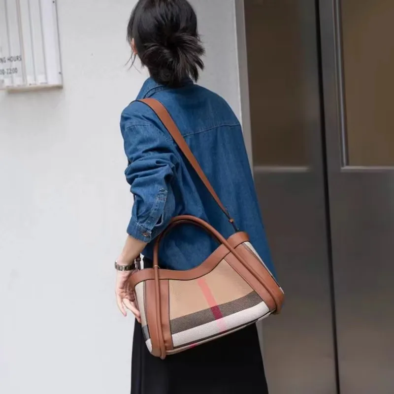 VM-Bolso de mano a rayas para mujer Bandolera grande lona y cuero genuino estilo Retro cuadros 2024 г.