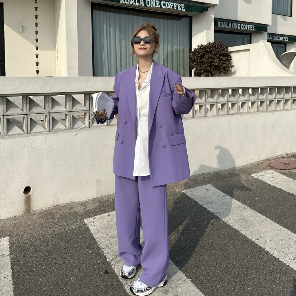 Spring Korean Style Pants Sets Loose Purple Duble Breasted Women Blazer & Long Wide Leg Trousers 2 Piece conjuntos de pantalón