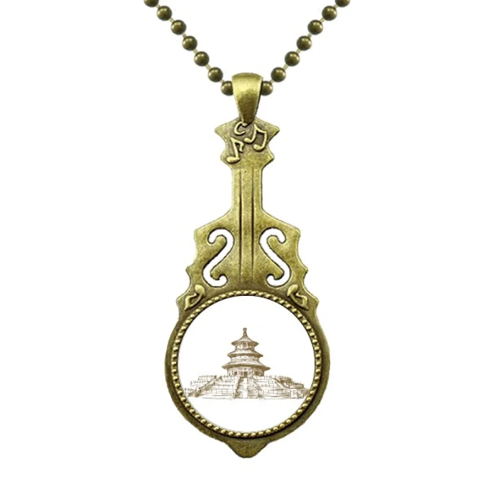 

China Temple of Heaven Landmark Sketch Necklace Antique Guitar Jewelry Music Pendant