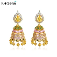 luoteemi gold color indian style bell shape big dangle drop earrings for wome wedding party colorful cz fashion jewelry brincos