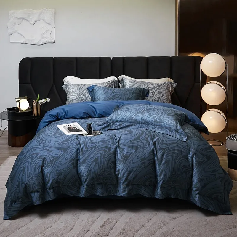 

1000TC Египетский хлопок переплетение темно-синий серый мрамор пододеяльник простыня наволочки Мягкая шелковистая двойная королева король Размер 4 шт