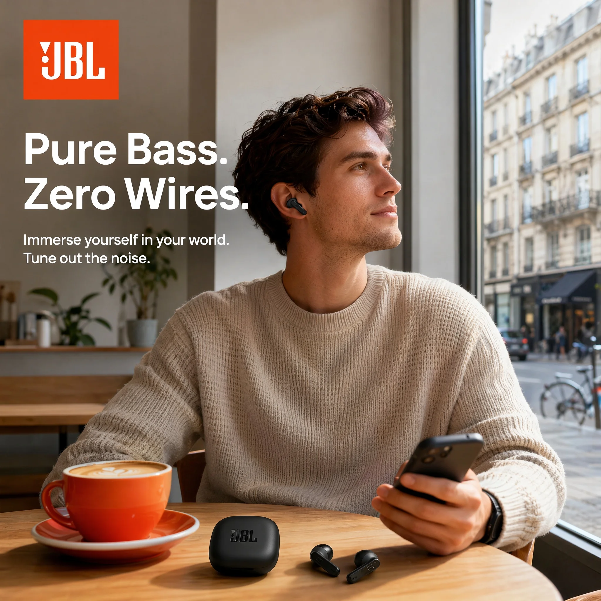 Фото Беспроводные Bluetooth-наушники JBL Wave 300 TWS с глубоким басом для спорта и музыки, настоящие беспроводные наушники JBL W300 с микрофоном №1