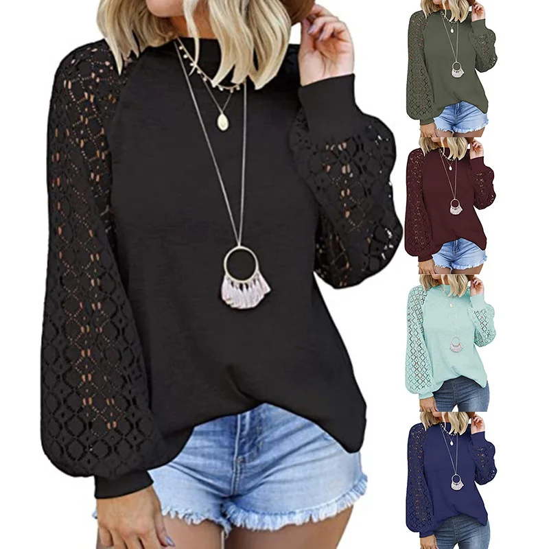 

New Popular round Neck Long Sleeve Lace Stitching Loose Top for Women