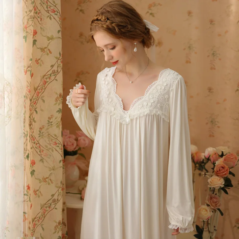 

Sweet Lace Fairy Night Dress Women Long Sleeve White Pink Modal Cotton Sleepwear Princess Nightwear Vintage Night Gown Peignoir