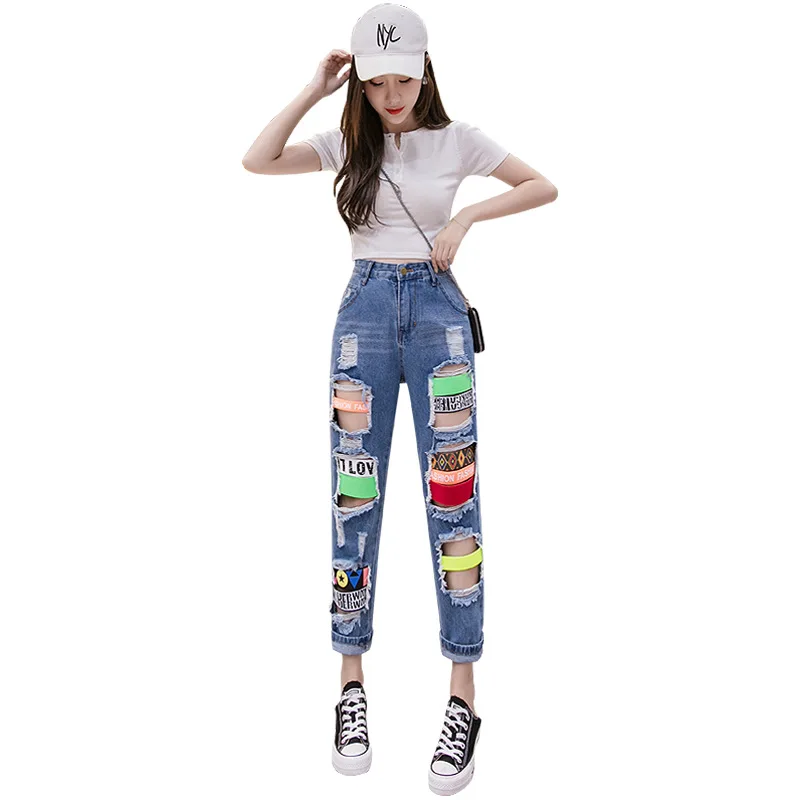 2023 Fashion Brand Design Feeling Broken Hole Jeans Female Summer High Waist Straight Barrel Beggar Dad Chic Cropped Feet Pants