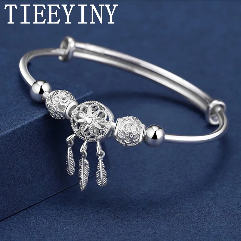 

TIEEYINY 925 Sterling Silver Bangle Cuff Dreamcatcher Tassel Feather Round Bead Charm Bracelet Jewelry For Women Wedding Gifts