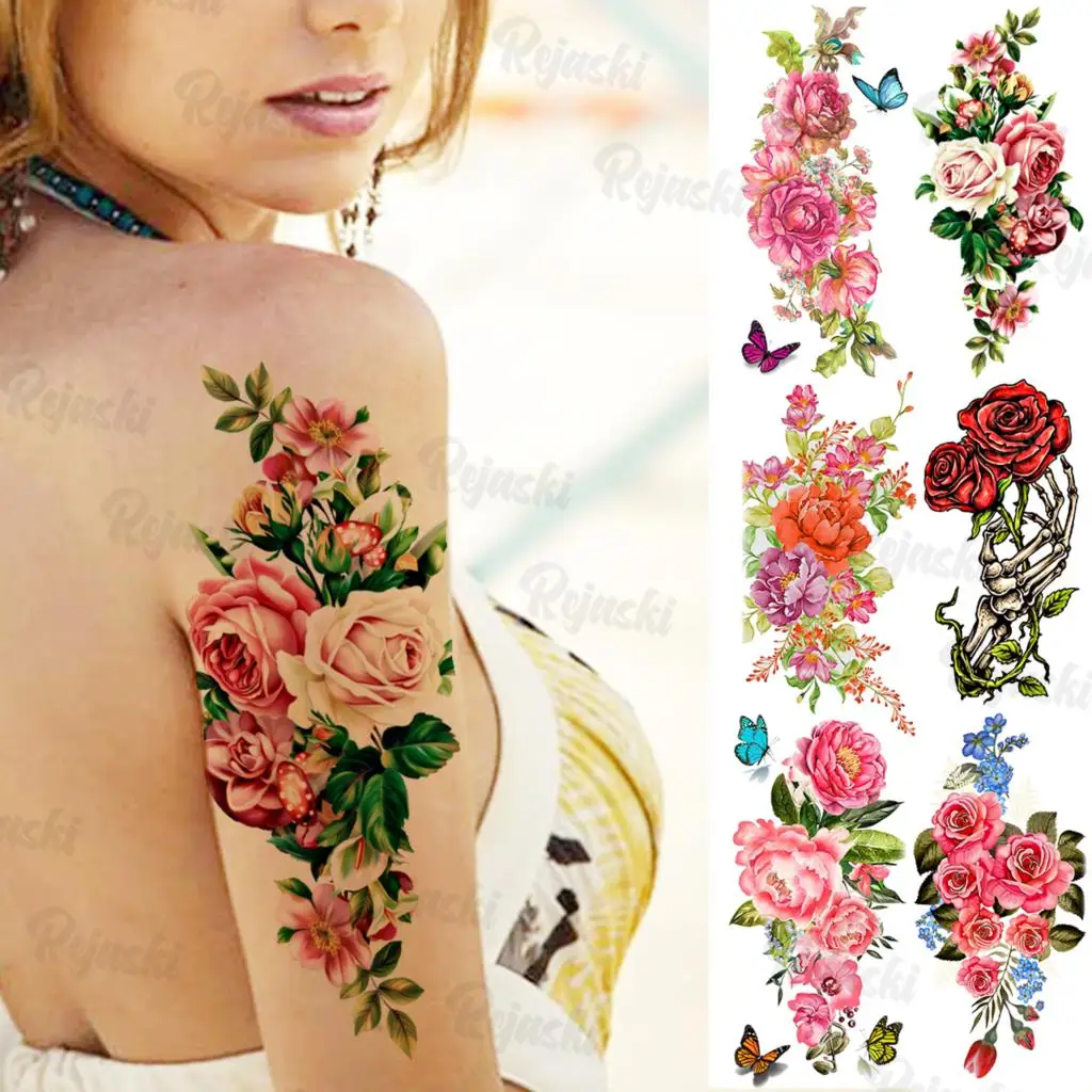 

Colorful Rose Flower Temporary Tattoos For Women Adults Realistic Butterfly Skeleton Lotus Fake Tattoo Sticker Arm Body Tatoos