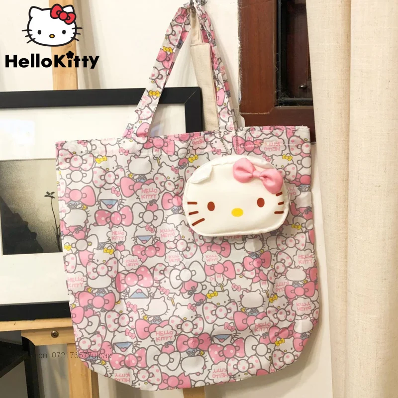 Sanrio Hello Kitty Cinnamoroll Melody Shoulder Bag Purin Y2k Kawaii Cartoon Women Shopping Bags Portable Folding Storage Bag