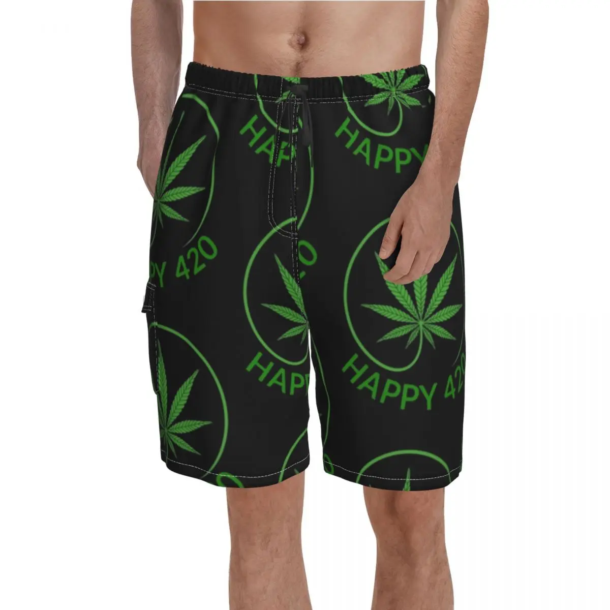 

Марихуана, дизайнерские пляжные шорты Happy 420, подарки, пляжные шорты, мужские забавные обычные плавки большого размера