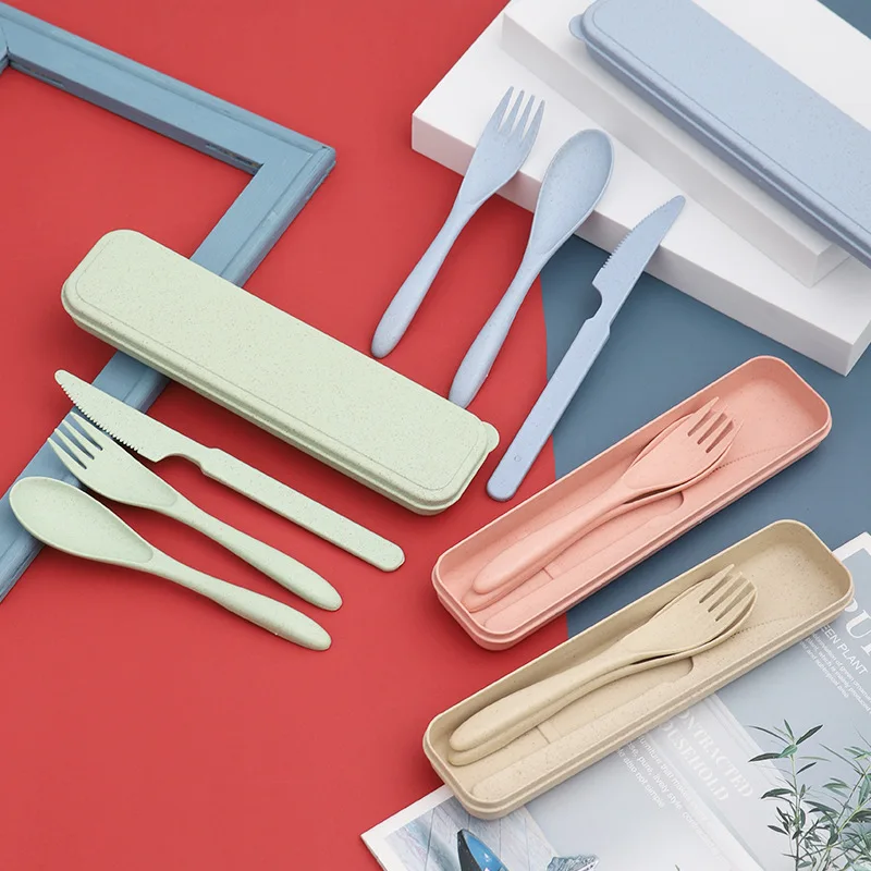 

3Pcs Wheat Straw Dinnerware Set Portable Tableware Knife Fork Spoon Chopsticks Set Travel Cutlery Set Eco-Friendly Utensil Box