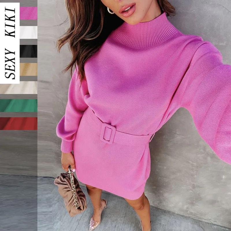 

2022 autumn and winter new woolen women's high neck belt loose dress sweater