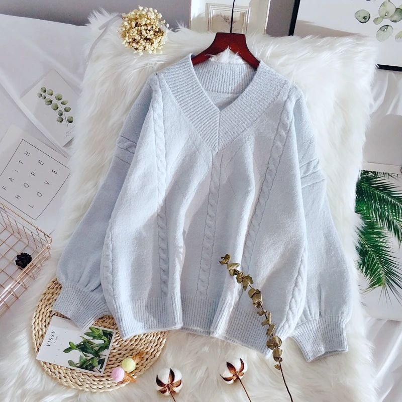 

Blue V-neck Knitting Sweater Women's Clothing Autumn Winter Loose Lazy Style Vintage Pullovers Thickened Knit Tops fp521