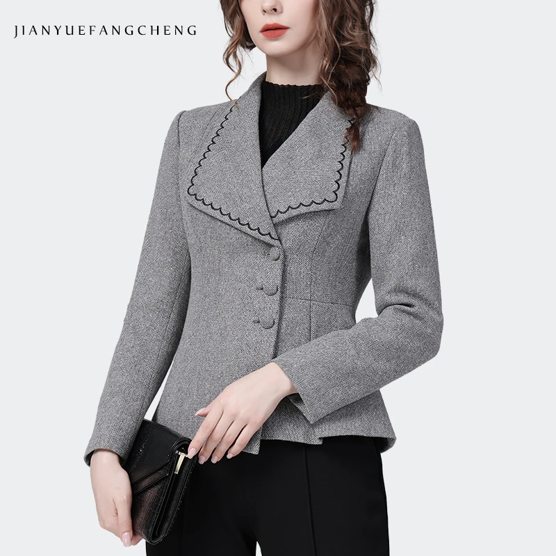 2022 Fall Winter Women Long Sleeve Grey Woolen Jacket Elegant Slim Short Vintage Embroidery Coat Fashion Working Casual Blazers