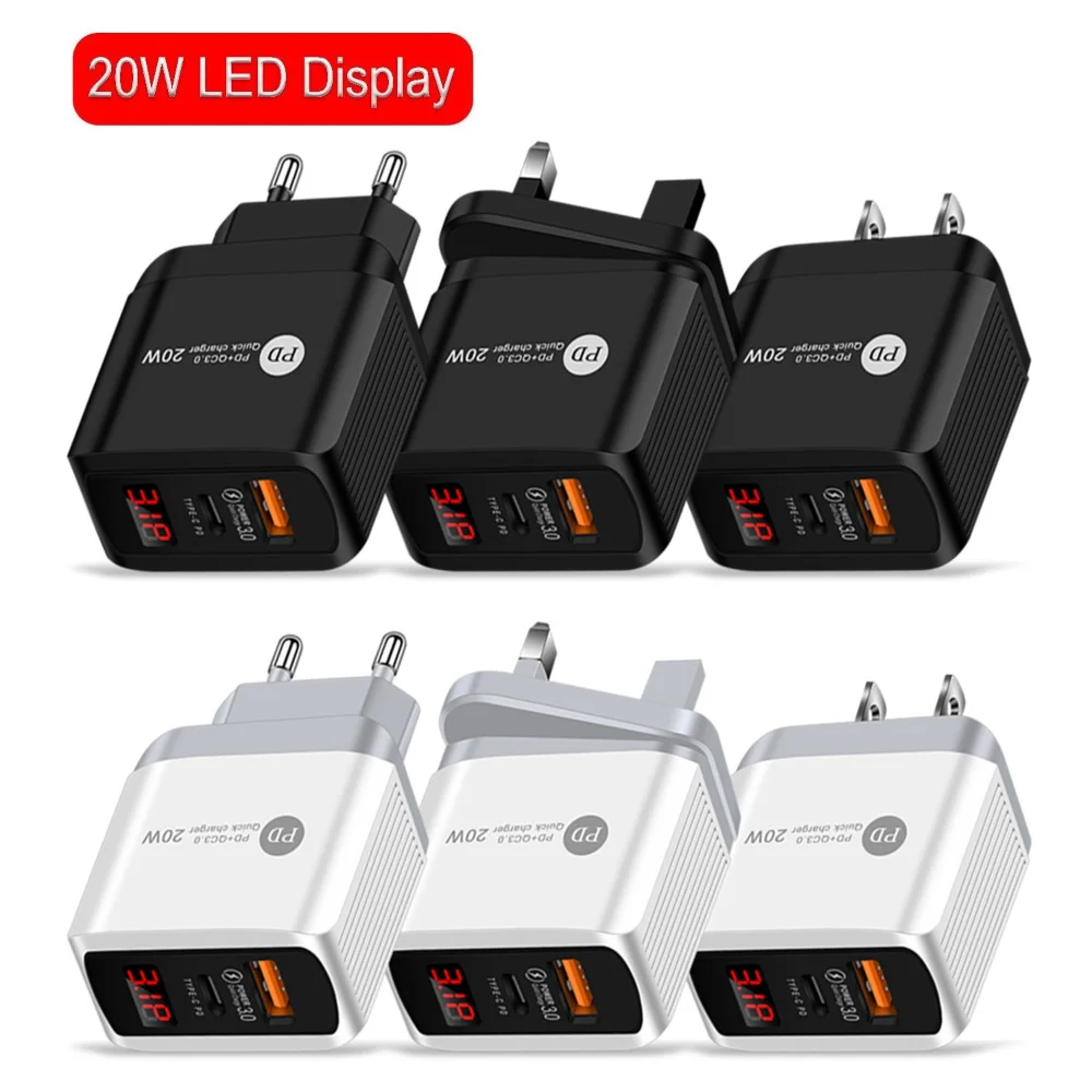 Быстрое зарядное устройство 20WPD + QC3.0, цифровой светодиодный дисплей, стандартный адаптер для iPhone, Samsung, Huawei, Xiaomi, универсальные Настольные зарядные устройства