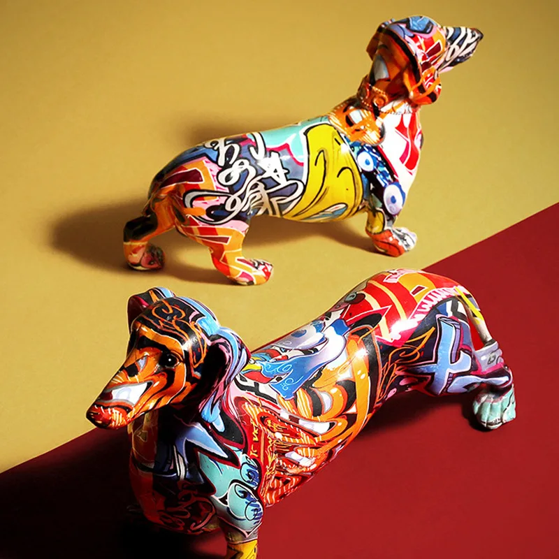 

Modern Creative Colorful Dachshund Dog Sculpture Ornaments Family Wine Cabinet Decor Desktop Office Resin Crafts Home Decoration
