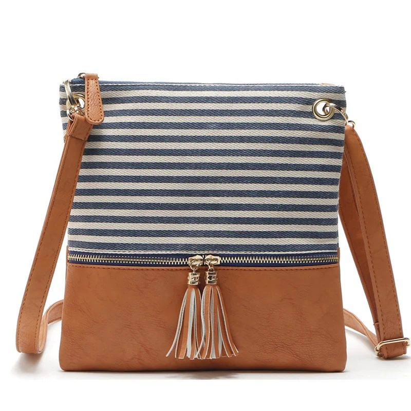 

women patchwork striped summer bags for women simple fashion messenger bags tassel canvas shoulder bags for girls flap SD-062