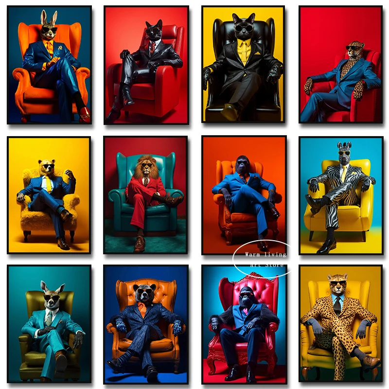 Забавные Животные крутой Гепард Gorilla Zebra Lion Bear с костюмом холст печатью постера