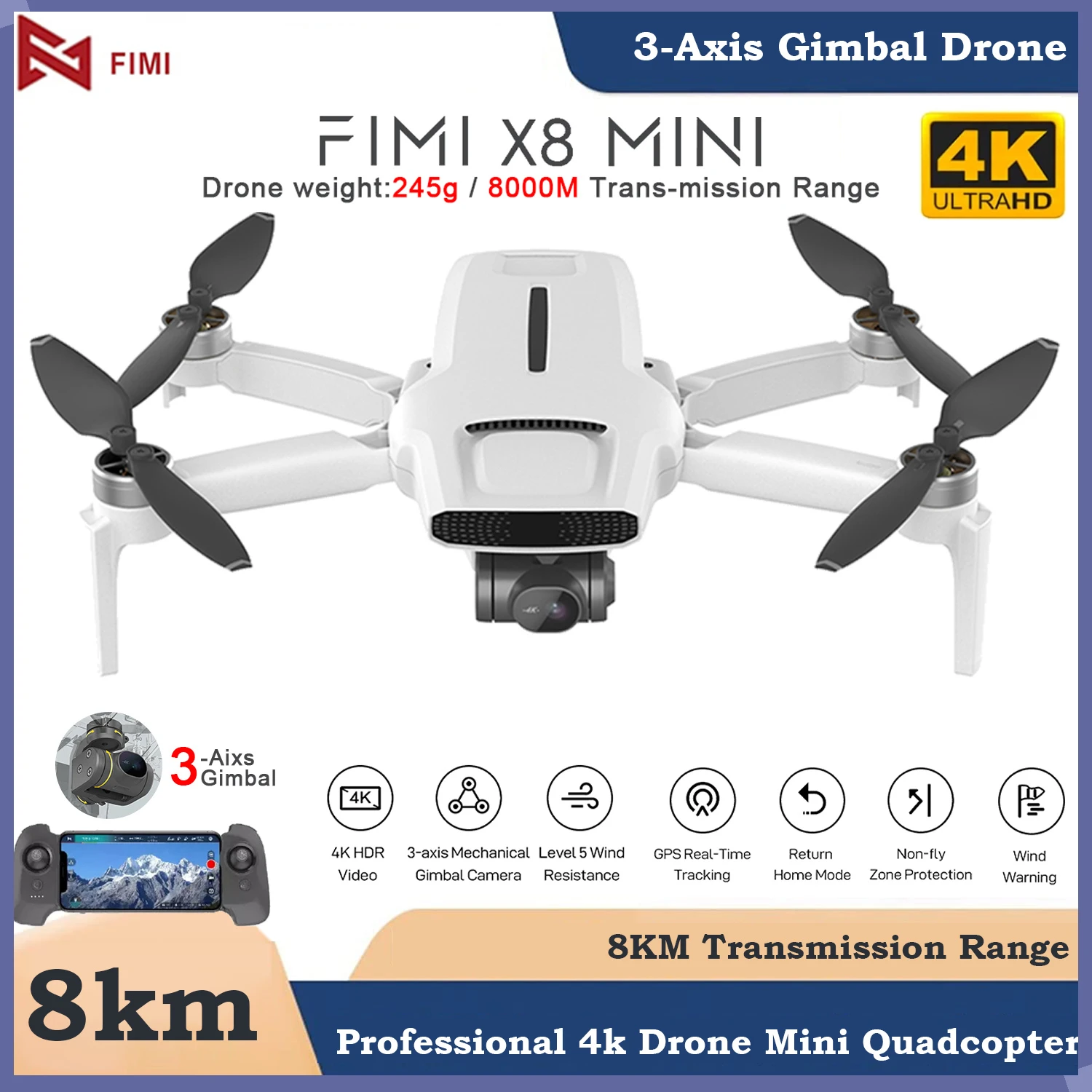

FIMI x8 Mini Pro Drone 250g-class Professional Quadcopter 8Km Wifi 5G GPS 4K HD 3-Axis Gimbal Camera Drone 30-minute flight time