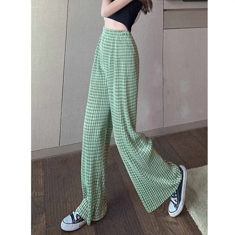 

2022 Korean Style New Arrival Summer Women All-matched Plaid Full Length Pants Casual Loose Elastic Waist Wide Leg Pants V559
