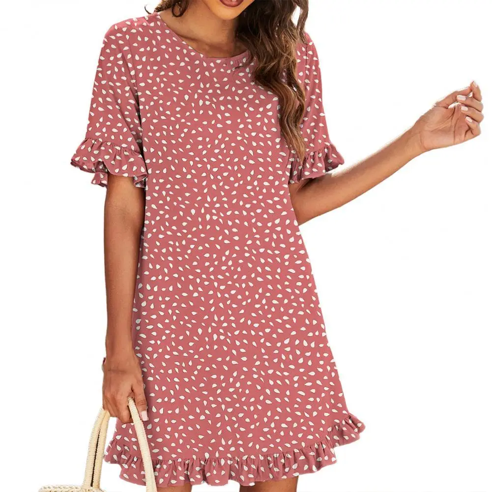 

Женское короткое платье с оборками, элегантное свободное Повседневное платье с круглым вырезом и коротким рукавом, с леопардовым принтом, д...