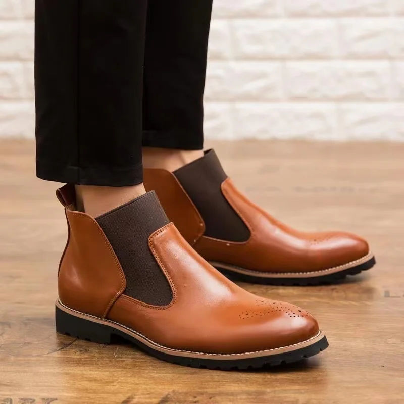

Oraqwlj men chelsea boots leather fur shoes size 12 Slip-on Waterproof Ankle Boots Men Brogue Fashion Boots plus Size 46 brown