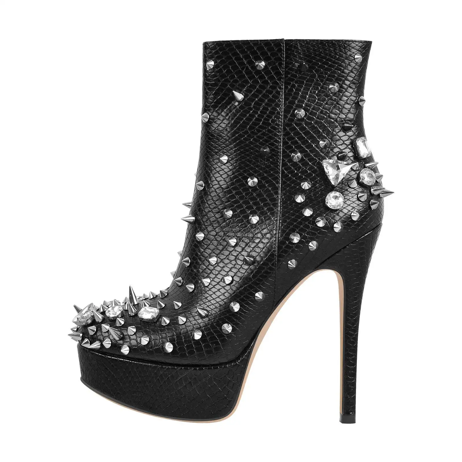 

Crystal Rivet Women Shoes Platform Thin Heels Pionted Toe Ankle Boots Zipper Botas Mujer Serpentine Bottines Luxury Zapatos