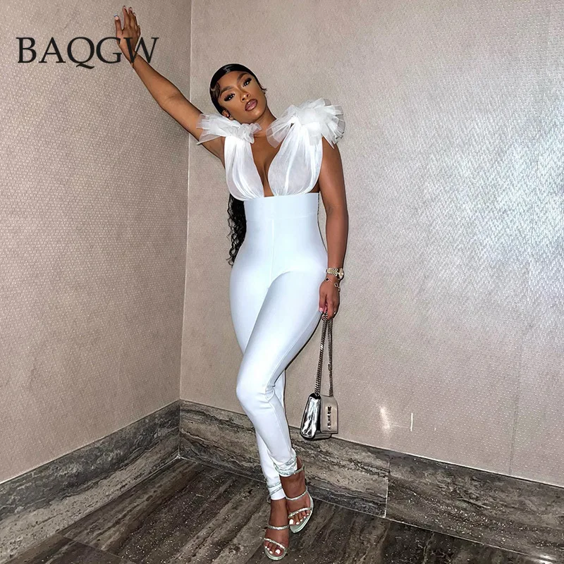 

Sexy Mesh Patchwork Bow Tie Jumpsuits Women Fashion Deep V Neck Sleeveless Cleavage Backless Slim High Waist Street Overalls