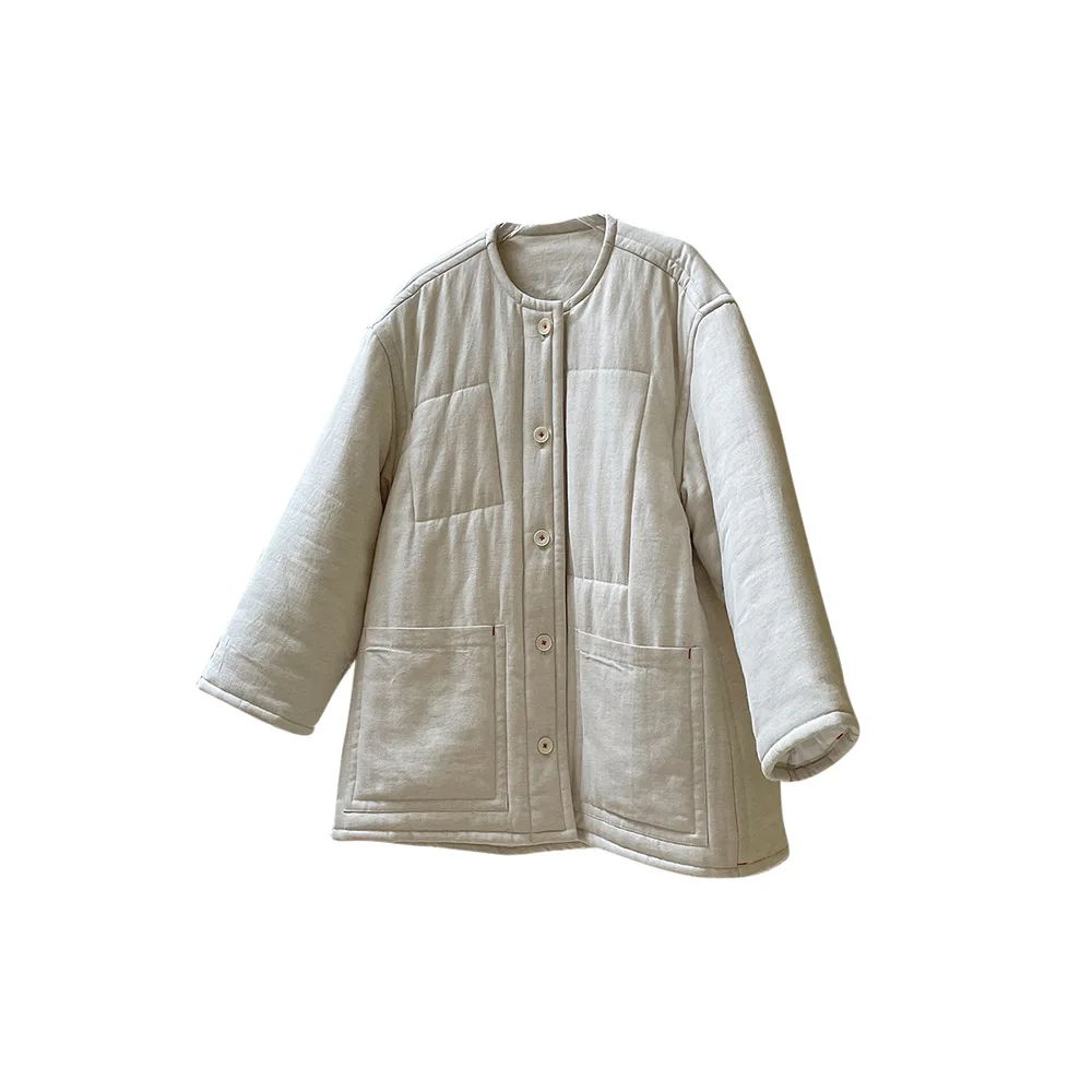 Winter New Vintage Round Neck Silhouette Jacket Cotton Jacket Loose Warm Thick Cotton Hemp Casual Coat for Women