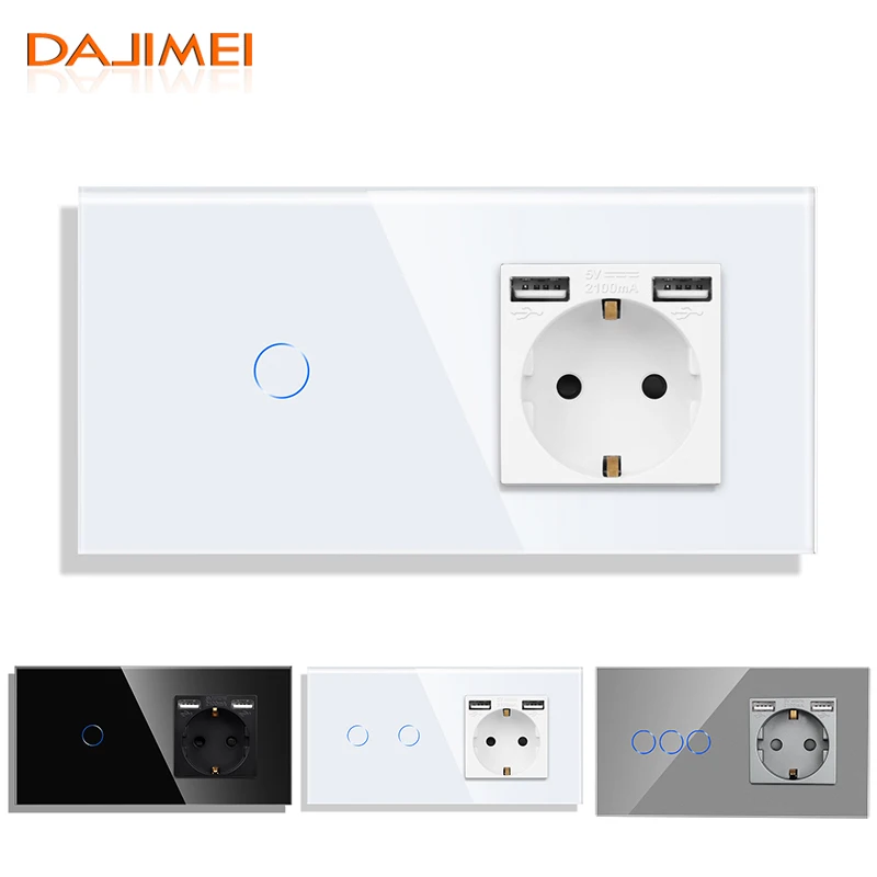 

DAJIMEI Dual USB Outlet Single Double EU Socket USB with Wall Light Touch Switch 1/2/3Gang 1 2way White Grey Black Glass Panel