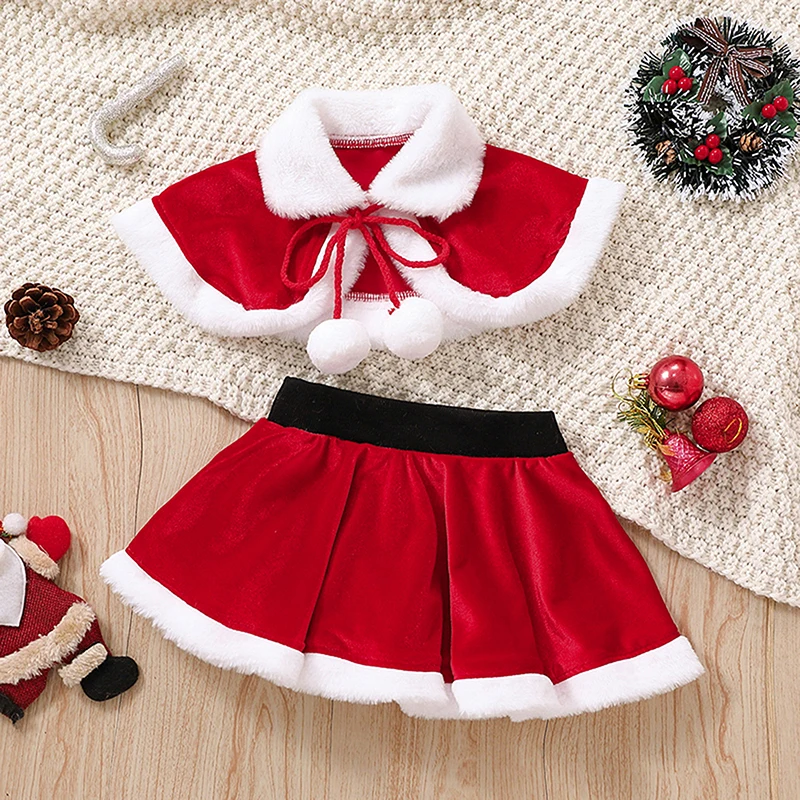 

Kids Girls 2 Pieces Christmas Outfits Contrast Color Splicing Lapel Plush Ball Tie-Up Shawl Tops + Elastic Waist Skirt Set