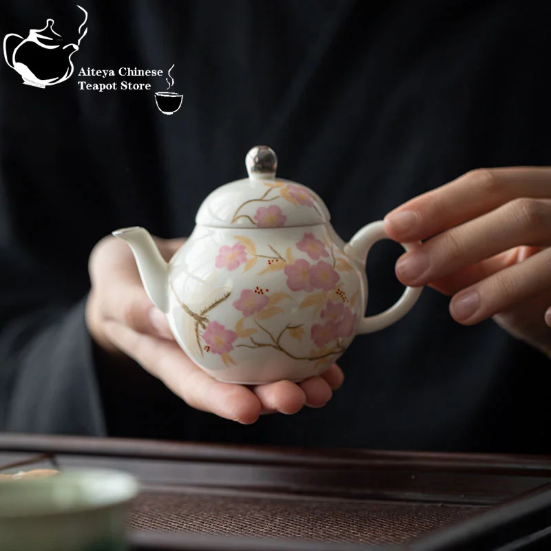 

Apricot white glaze color hand-painted powder dew pear shaped pot handmade ceramic tea pot with filter kungfu teapot household