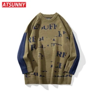 atsunny fashion brown oversize sweaters men hip hop streetwear campus style sweaters pullover autumn and winter retro clothes