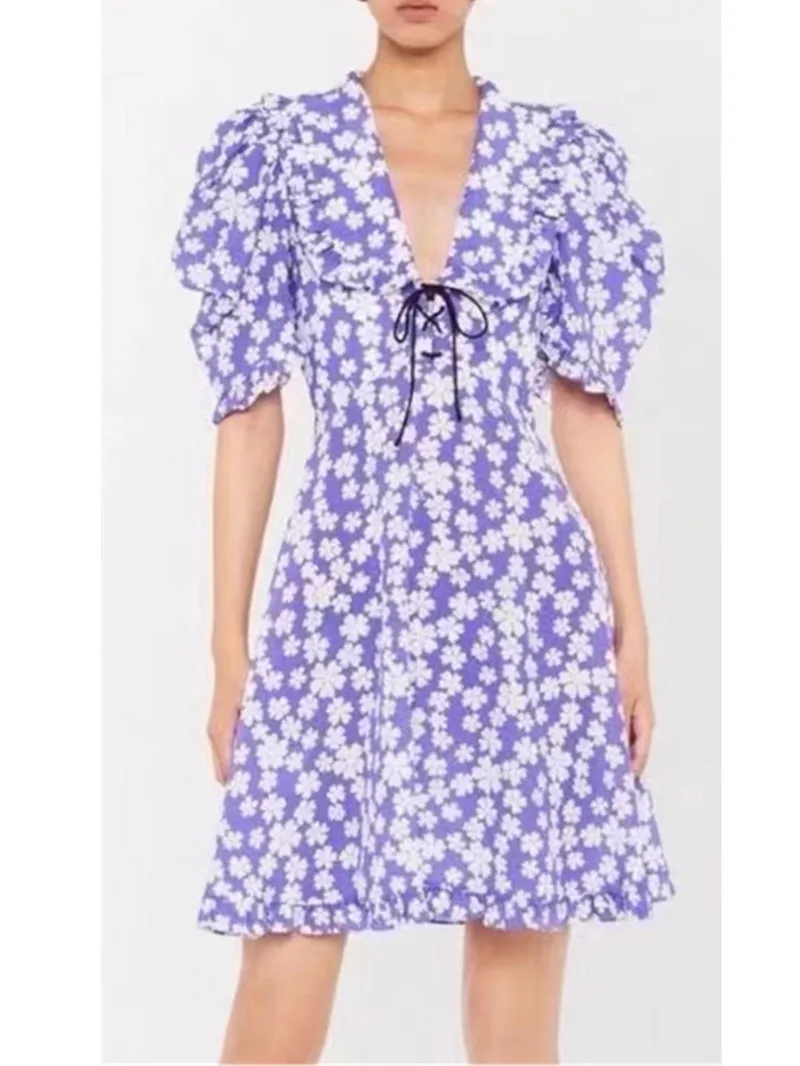 

Women V-Neck with Lace-up Mini Dress Ladies Floral Print Short Puff Sleeve Slim Waist Elegant Short Robe For Holiday
