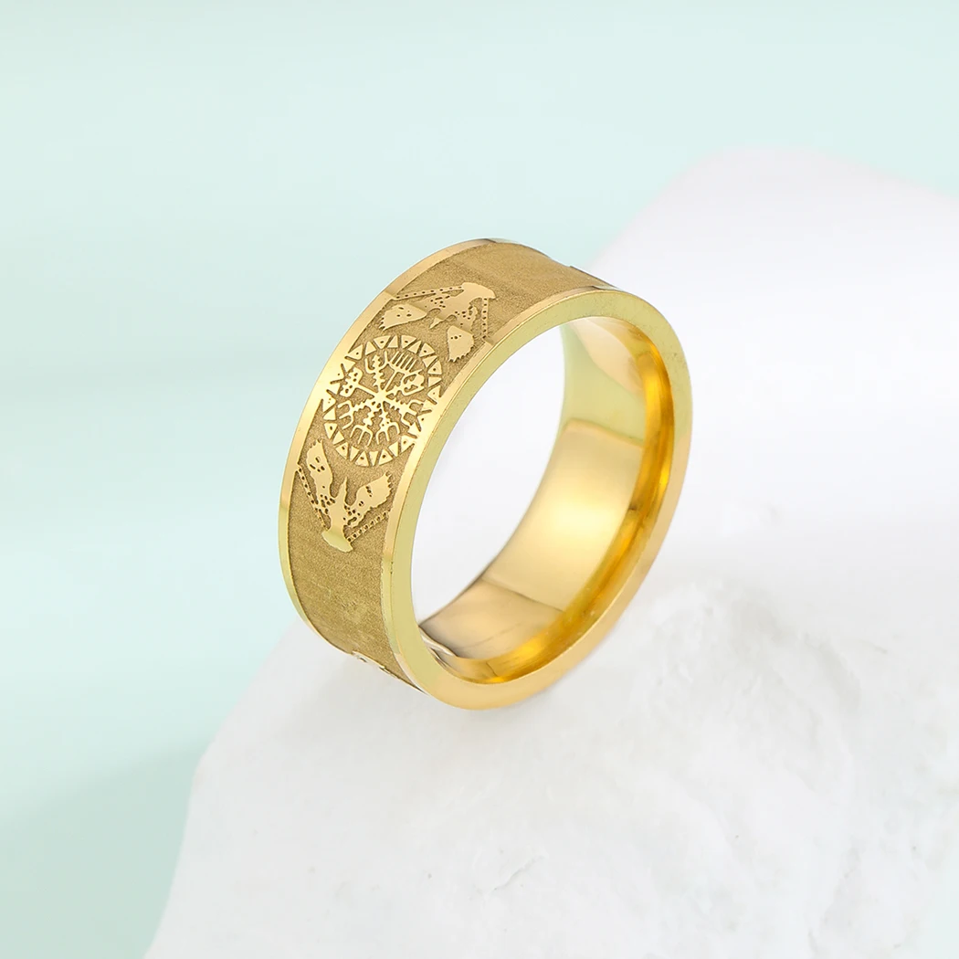 

Chandler Stainless Steel Viking Ring with Huginn and Muninn Ornament Vegvisir Ring with Ravens on the Sides Vegvisir Symbol