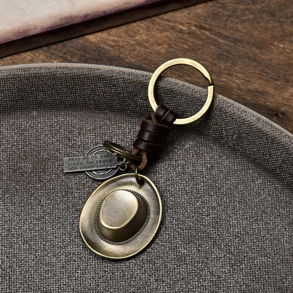 Vintage Cowboy hat cowhide key chain creative small gift hand woven car key pendant accessories